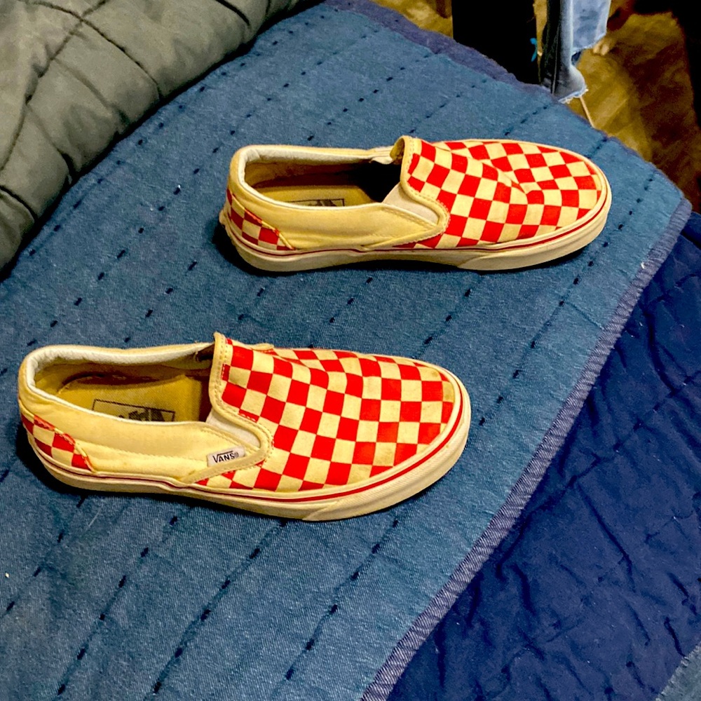 Red and white checkered Vans